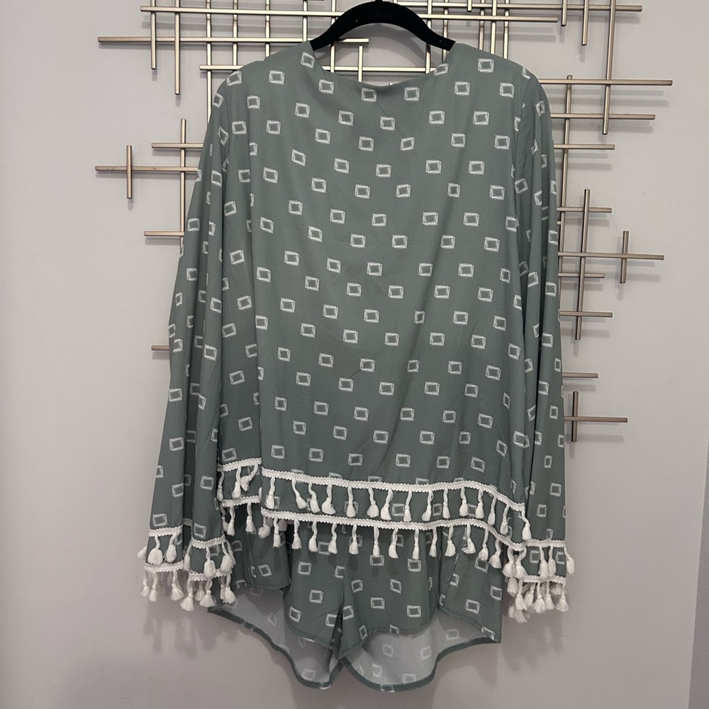 SABO Sage and White Geometric Patterned Top with Tassels